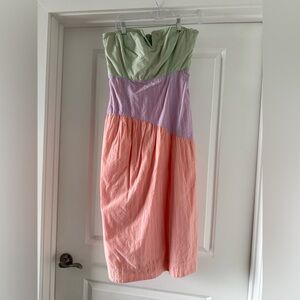 Anthropologie Strapless Midi Dress in Green, Purple, and Orange